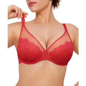 Popilush Minimizer Bras for Women Plus Size Full Coverage Lace Underwire Support Push Up Bra for Heavy Breast Everyday Wear (38DD, Red)