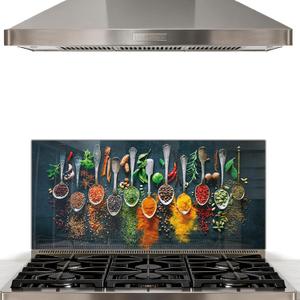 DAIFURONGE Tempered Glass Backsplash for Kitchen, Behind Stove Panel, Art Deco Spice Design, Easy to Clean Glass Splashback, Splash Guard, Wall Decor, 30"x14" (76.2x35.56cm)