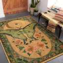 RoomTalks Country Floral Entryway Rug Non Slip Washable Luna Moth 4x6 Indoor Area Rug, Vintage Abstract Cute Aesthetic Cottagecore Accent Rug Carpet for Bedroom Dining Living Room Dorm Kitchen (Green and Orange)
