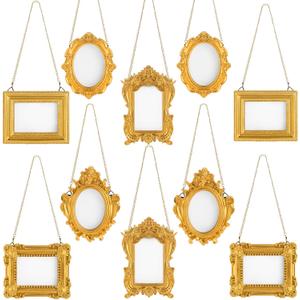 Qunclay 10 Pcs Small Gold Frames Mini Tiny Vintage Antique Baroque Ornate Resin Oval Hanging Picture Frames with Chain for Home Wedding Holiday Decor