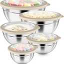 P&P CHEF Mixing Bowls with Visible Airtight Lids Set of 5, 10-Piece Stainless Steel Mixing Nesting Bowl, Metal Bowl with Lid for Kitchen Prepping & Storing, Size 4.6, 3, 1.5, 1, 0.7 QT, Khaki