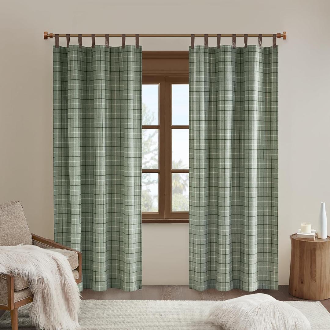 Madison Park Anaheim Cabin Plaid Curtain Window, Thermal Insulated Fleece Lining, Living Room Decor Room Darkening Drape for Bedroom, 1-Single Panel Pack, 50" x 84" Faux Leather Tab, Green