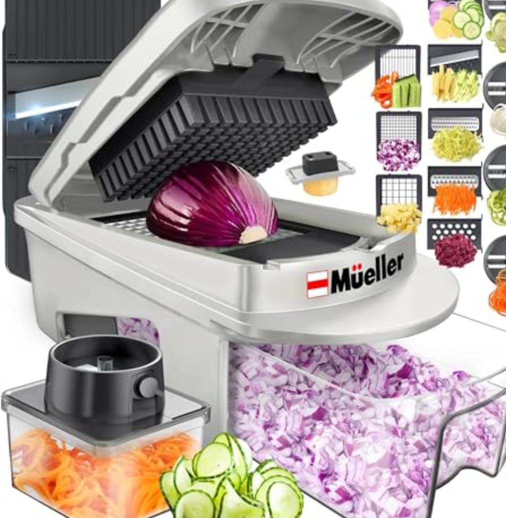 Mueller Pro-Series All-in-One, 12 Blade Mandoline Slicer for Kitchen, Food Chopper, Vegetable Slicer and Spiralizer, Cutter, Dicer, Grater, Kitchen Gadgets Sets with Container, White Sand/Gray