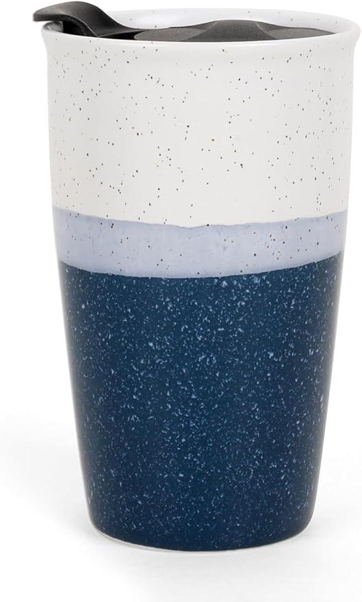 KERMANDO Ceramic Travel Mug with Lid, Blue Double Wall Coffee Mug Tumbler, Reusable Tall Cup, Splash Resistant Lid, Dishwasher Microwaveable Safe