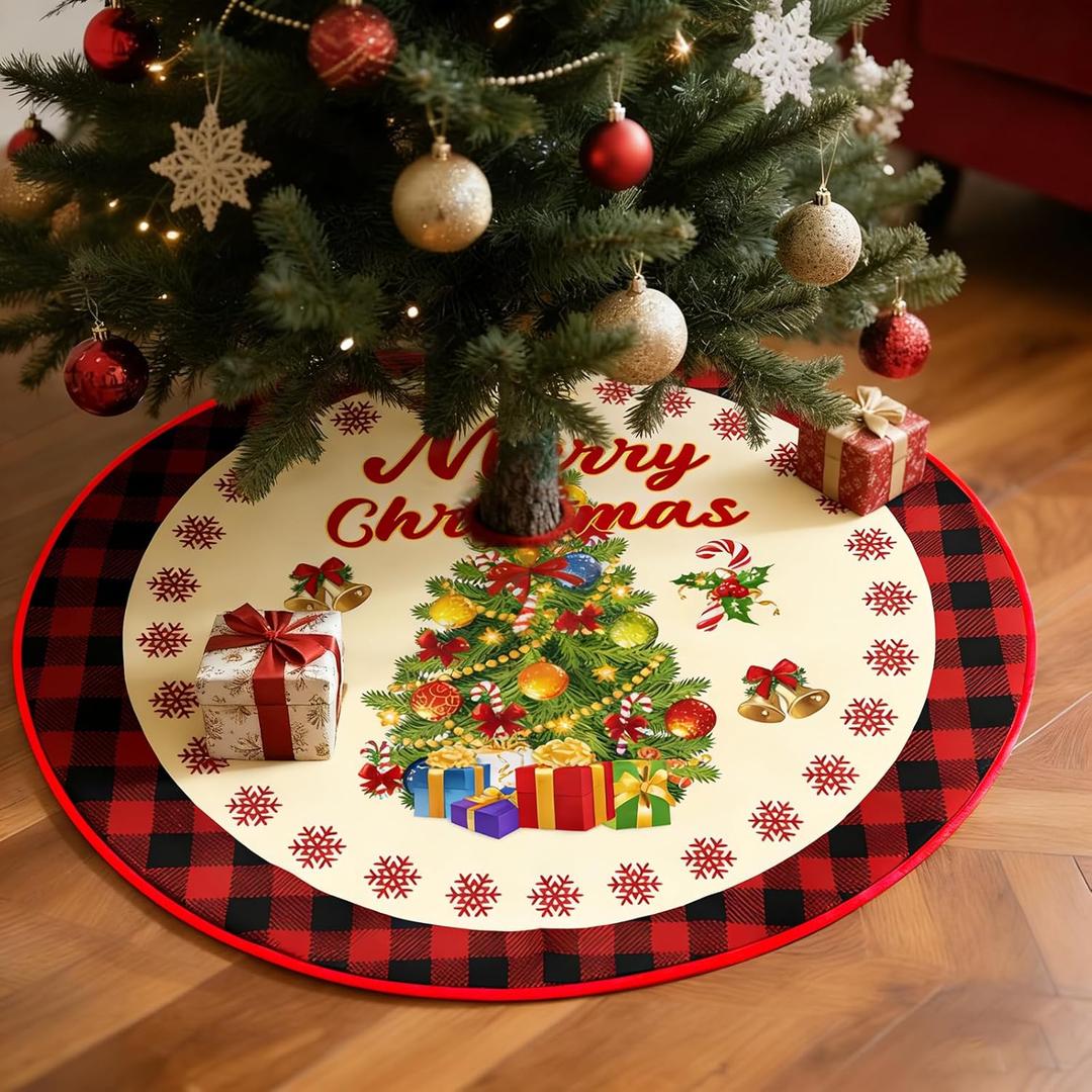 Christmas Tree Skirt 36 Inch - Red Plaid Snowflake Design, Soft Fabric Mat for Holiday Decorations, Fits Most Artificial Christmas Trees Storage Bag