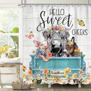 Highland Cow Farm Shower Curtains for The Bathroom, Cute Cow Chicken and Pig with Flowers on Truck Bathroom Set, Western Farmhouse Rustic Animals Funny Waterproof Bath Accessories 72Wx72H Inch