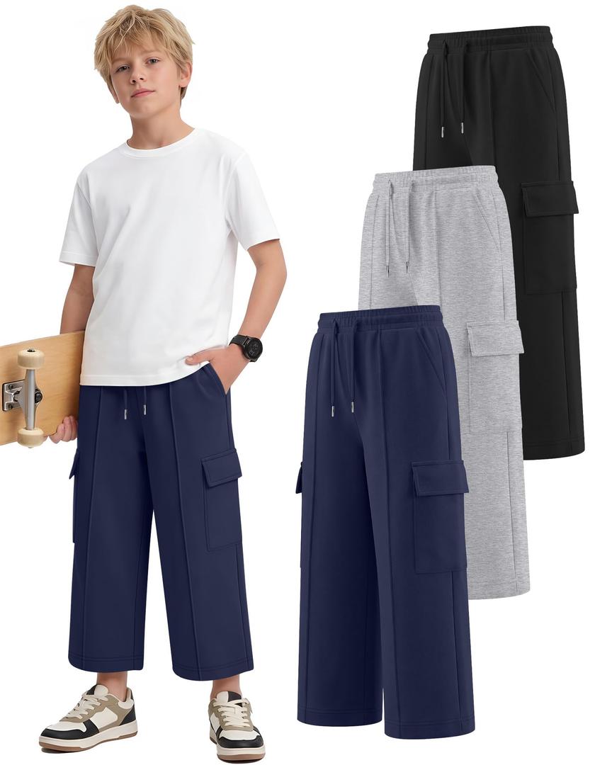 Langyiwee 3 Pack Boys Capri Pants Drawstring Elastic Waisted Teens Cargo Joggers Pull on Casual Sweatpants with Pockets(Navy Blue, Light Heather Gray, Black,7-8 Years)