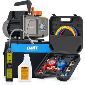 Orion Motor Tech AC Vacuum Pump and Gauge Set, 1/3 hp 4 cfm Vacuum Pump Manifold Gauge Kit with Leak Detector 3 Hoses & Accessories for R134a R12 R22 R502, A/C Vacuum Pump Kit for Auto HVAC Systems. Oil has leaked and the item is stained.