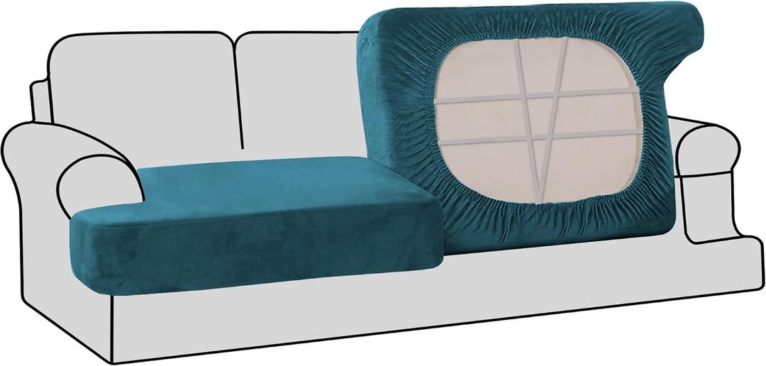 H.VERSAILTEX Stretch Velvet 2 Piece T Cushion Sofa Slipcovers - Individually Fitted Cushion Covers for 2 Couch Seat Cushions - Stay in Place (Deep Teal) 7.9"D x 10.4"W x 4.5"H