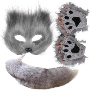 Valpeak Therian Mask and Tail Set for Girls Halloween Cat Mask Tail Cosplay Fox Mask Wolf Tail Over 1 Years Old (Gray Mask Set of 3)