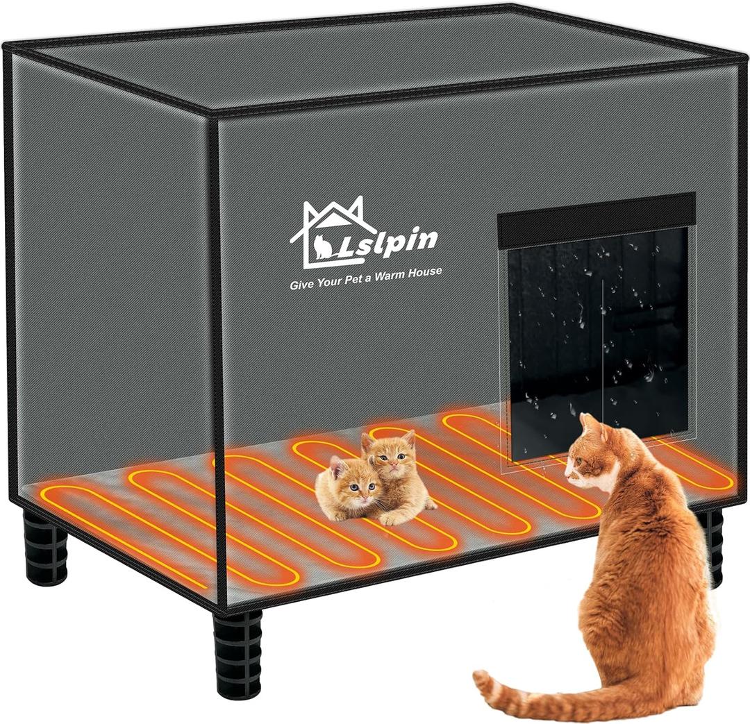 Large Indestructible Heated Cat House for Outside Winter, Weatherproof & Elevated, Escape Door, Insulated Cat House, Outdoor Feral Cats Shelter with Heater for Stray Cats Kitty 20"*16"*18"