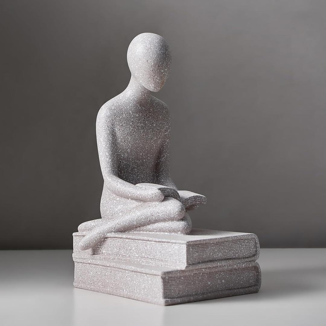 Gray Thinker Statue Decor for Shelves, Modern Reading Statues for Home Decor, Coffee Table Decorations for Living Room, Abstract Art Sculptures for Shelf Bookshelf Table Decor, Gifts for Bookworm