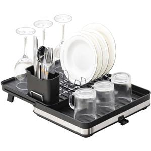 Sineng Expandable Dish Drying Rack,Stainless Steel Foldable Dish Rack with Cutlery Holder,Multifunctional Compact countertop Dish Drainer,Space Saving extendable Big Capacity Dish Holder (Black)