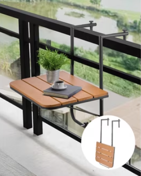 Folding Hanging Table Adjustable Balcony Railing Table Patio Deck, Wood