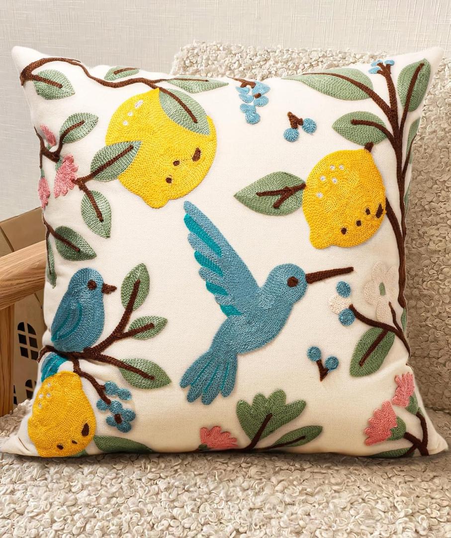 Embroidered Throw Pillow Cover 18x18 Inch - Summer Boho Decorative Pillow Cover with Zipper for Living Room Couch Sofa Bed Aesthetic Design Bird Lemon Linen Cushion Pillowcase