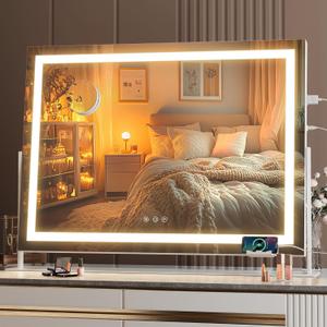 Hasipu Vanity Mirror with Lights, 28" x 20" LED Makeup Mirror, Light up Mirror with 10X Magnification and Phone Holder, USB Charging Port, Smart Touch 3 Colors Dimmable, 360 Rotation (White)