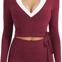 VOYJOY Women Ballet Wrap Top Long Sleeve Shirt Blouses Y2K Workout Gym Active Adjustable Tie Shirt Tops (Purple, L)