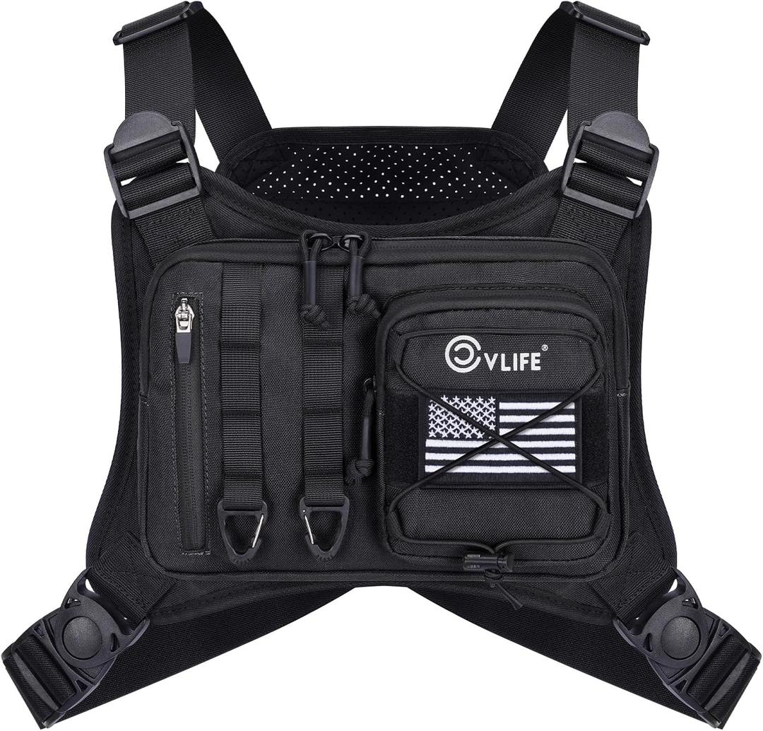 CVLIFE Outdoor Chest Bag for Men, Tactical Chest Pack, Adjustable Running Vest Bag, Lightweight Anti-theft EDC Rig for Hiking (Black)