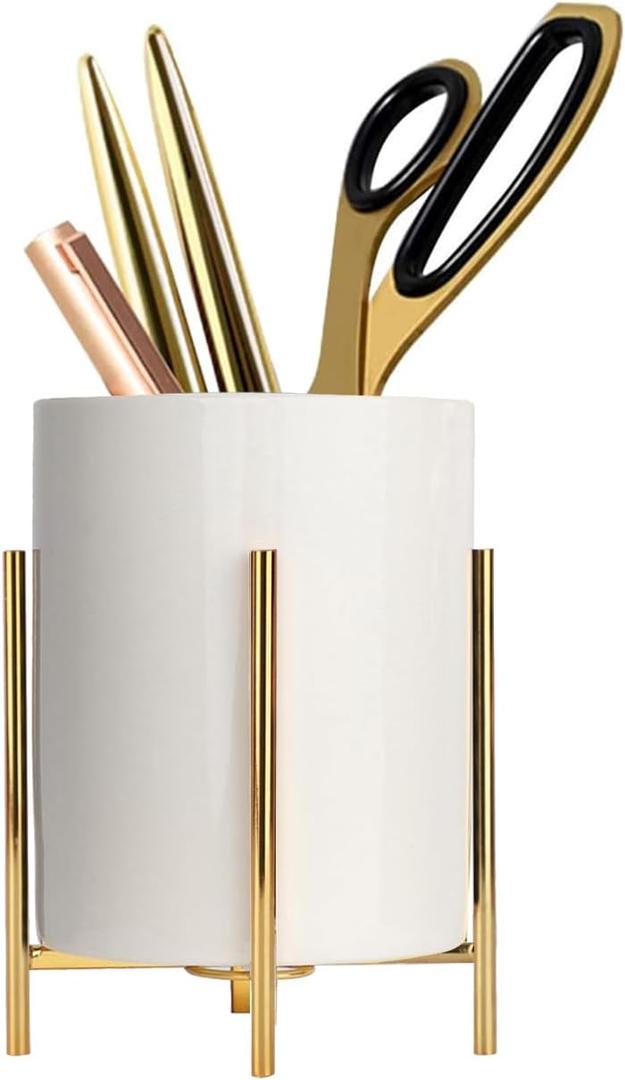 Gold Pencil Cup Sturdy Metal Frame With White Ceramic Pen Holder For Desks and kitchen Appliance Holders (H 4.8'')