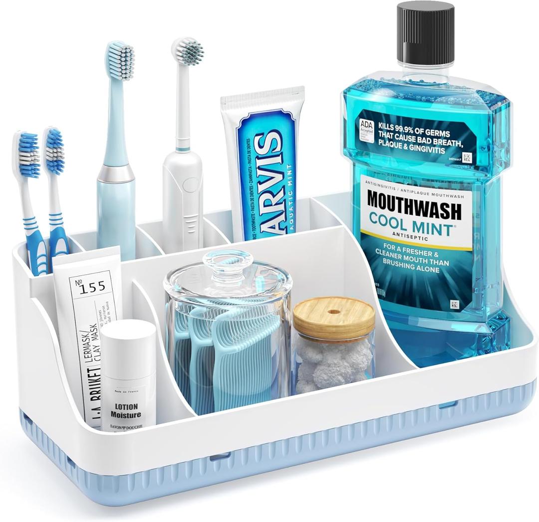 Bathroom Counter Organizer and Storage, 7 Slots Detachable Toothbrush Holders for Bathrooms, Anti-Slip Electric Toothbrush and Toothpaste Holder Countertop Vanity Organizer Accessories for Adults Kids (White Blue)