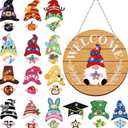 31pcs Interchangeable DIY Gnome Welcome Sign Magnetic Diamond Art Painting Kit for Front Door, Detachable Hat Holiday Decor with Tools, Mother's Day Handmade Gift for Wall Door(Light Wood Color)