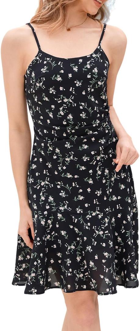 ZTC Floral Summer Dress for Women Spaghetti Strap Sleeveless A-line Dress Casual Beach Daily Wear Perfect for Vacation (Black, M)