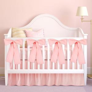 Pink Crib Bed Skirts with 4 Large Cot Bow 28" x 52" Baby Crib Skirt for Boys Girls Nursery Toddler Bedskirt Dust Ruffle 14" Drop, Pink, Double Layer
