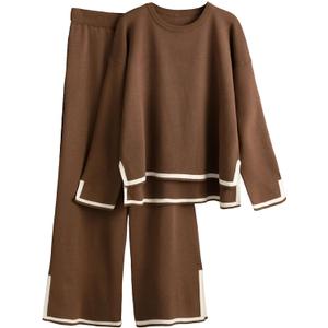 Tanming Women's 2 Piece Outfits Long Sleeve Knit Sweater Top Wide Leg Pants Lounge Sets Tracksuits (Medium, Brown)