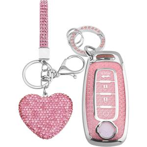 for Nissan 4 Buttons Key fob Cover with Diamond Heart Keychain, Car Accessories TPU for Rogue SL Ariya FWD Pathfinder X-Trail Sentra SV 2023 2024 2025 285E3-7LA6A, Silver Pink
