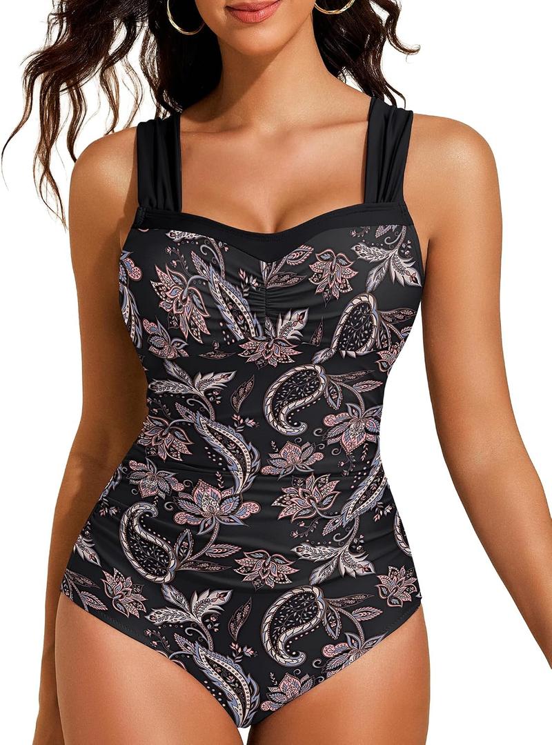 HUSKARY Womens One Piece Swimsuit Tummy Control Push Up Bathing Suits Ruched Full Coverage Slimming Swimwear (Black, S)