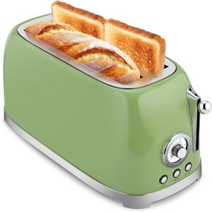 SUSTEAS Toaster 4 Slice Wide Slot, Stainless Steel Bread Bagel Toasters, Retro Long Slot Tostadora for Defrost, Reheat, Removable Crumb Tray, 1500W, 6 Browning Settings, Green