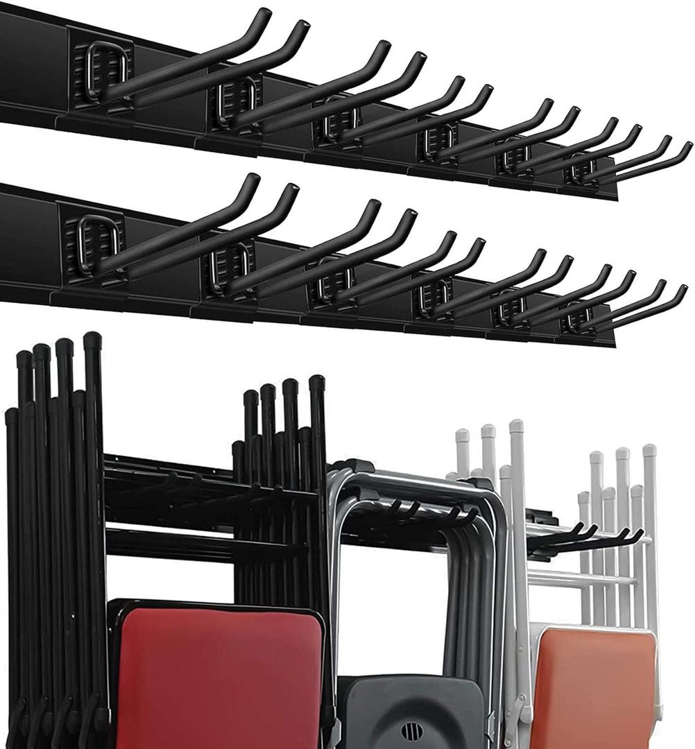 Wallmaster Garage Storage Organization Wall Mount, Garden Tool Rack Organizer Heavy Duty Folding Chair Hangers with 12 Adjustable Hooks 96inch Tracks Max Load 900lb,  12Hooks+6Panels
