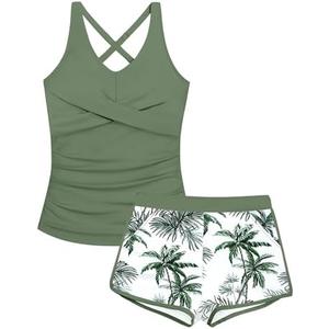 Girls Tankini Swimsuits 2 Piece Criss Cross Ruched Swimwear Printed Swim Shorts Girl Bathing Suit for 13-14 Years