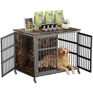 42" Furniture Style Large Dog Crate with Wheels, Metal Chew-Resistant Dog Kennel Indoor for Large & Medium Dogs, 41.9" W x 28.3" D x 31.7" H, Decorate House as TV Stand, End Table — Rustic Brown