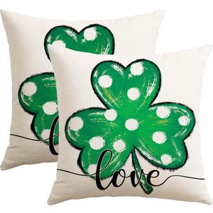 Artscope St Patricks Day Clover Throw Pillow Covers 18x18 Inch Set of 2, Polka Dot Shamrock Decoration Pillow Cases for Home Sofa Couch