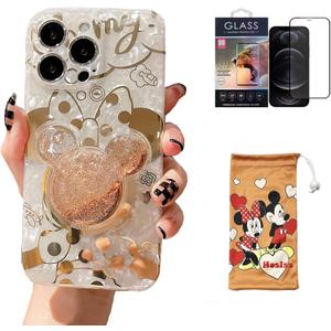 Cartoon Case for iPhone 7/8/SE 4.7" with HD Screen Protector, Minnie Mouse with Quicksand Cell Phone Holder Strap Soft TPU Shockproof Protective for Girls Women