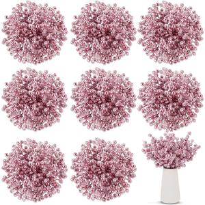 Censen 50 Pieces Artificial Holly Berry Stem Picks with Snowflake Frosted Christmas Tree Branches Fillers Ornaments Snowy Berry Twig Branches for Xmas Garland Wreath Winter Home Decor (Rose Gold)