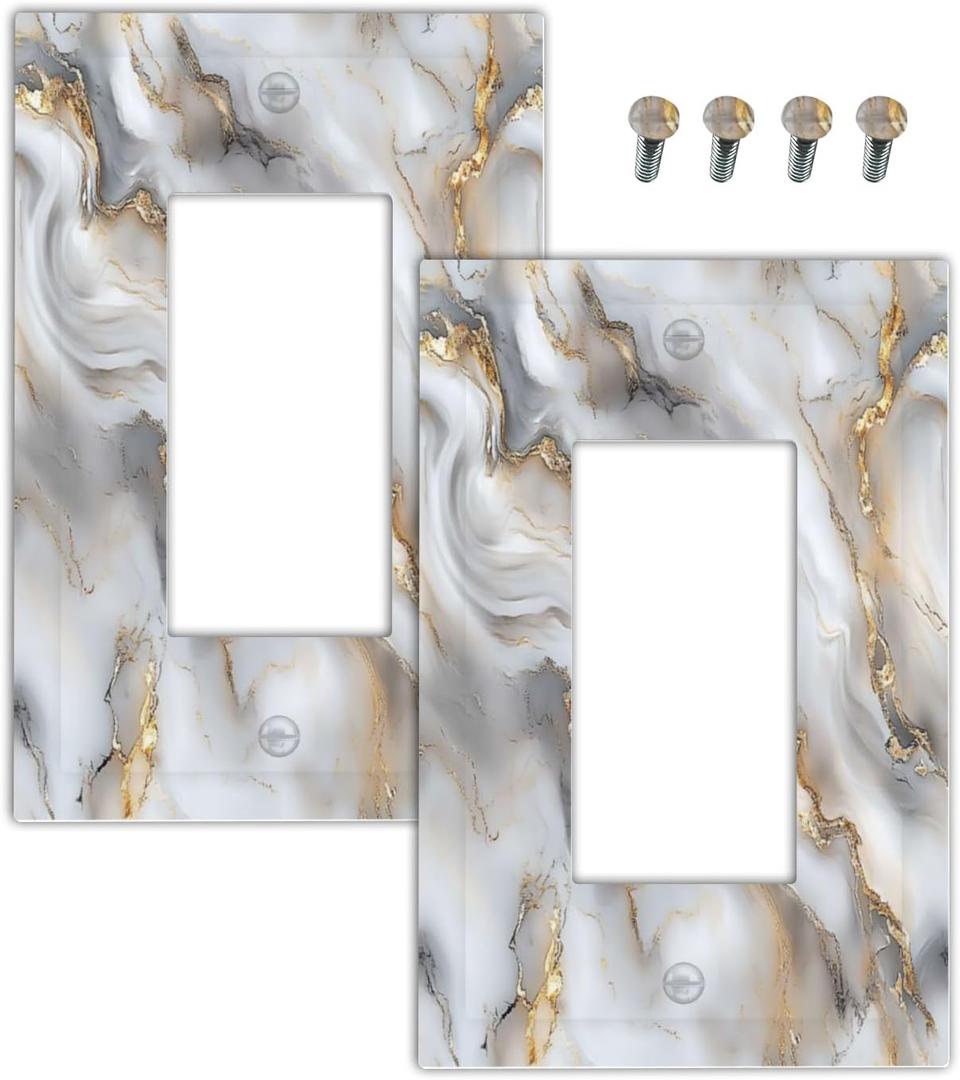 Decorative Outlet Covers Gray Golden Abstract Marble Luxury 1 Gang Light Switch Cover Single Rocker Wall Plate Decora GFCI Electrical Switchplate for Bathroom Bedroom Decor2 Pack