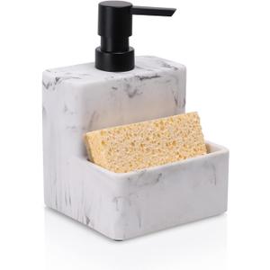 zccz Soap Dispenser with Sponge Holder, Marble Look Liquid Hand and Dish Soap Dispenser Pump Bottle and Sponge Holder 2 in 1 for Kitchen Sink Bathroom Counter Storage and Organization (White Marble Look)