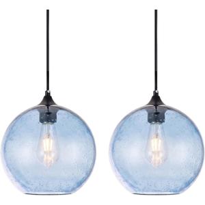 Blue Seeded Glass Pendant Lights Kitchen Island,Modern 7.8" Globe Hand-Blown Bubble Glass Pendant Light,Black Hardwired Hanging Ceiling Light Fixture for Dining Room,Bedroom,Sink,2-Pack