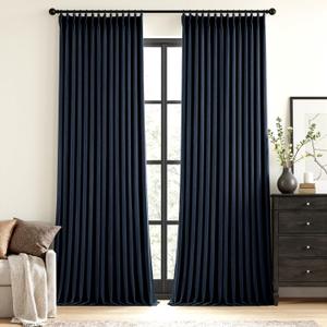 MIULEE Navy Blue Pinch Pleated 100% Blackout Linen Curtains for Bedroom, Room Darkening Memory Trained Light Blocking Window Curtains 96 inches Long for Living Room, Black Out Pleat Drapes, 2 Panels