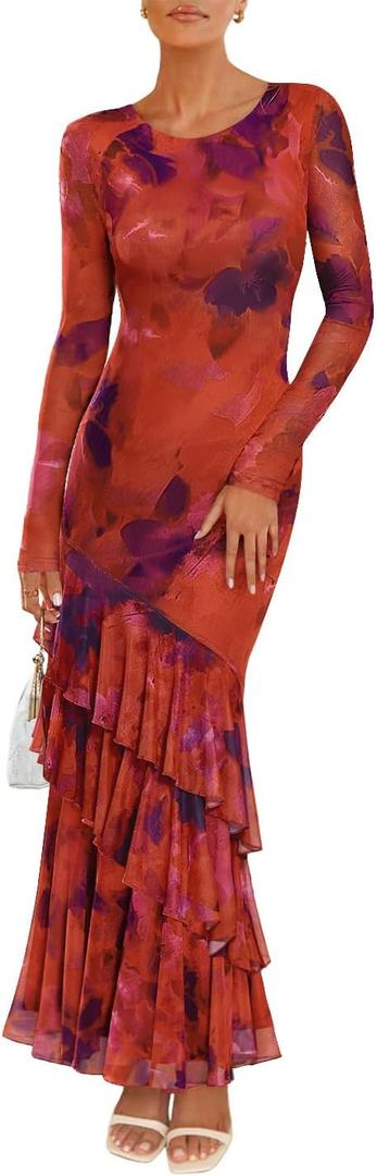 ZESICA Women's Floral Bodycon Maxi Dresses 2025 Fall Boho Long Sleeve Mesh Ruffle Mermaid Wedding Cocktail Party Dress (Orange Red, Small)