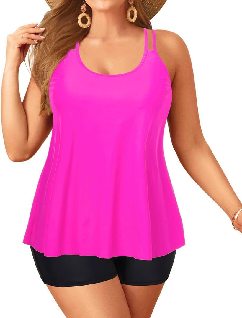 Tankini with Shorts - Women Two Piece Swimsuits Bathing Suit Scoop Neck Flowy Swimwear 2025 (Hot Pink), Size: 18 Plus