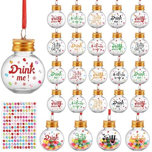 24 Pieces Christmas Booze Balls,4 Styles Fillable Booze Tree Ornaments Clear Plastic Xmas Pendant Hanging Balls with Ribbon and Diamond Sticker for Christmas Party Decoration(50ml)