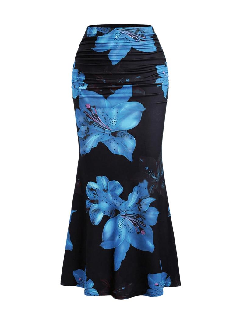 BEAUDRM Women's Floral Elegant Maxi Skirt Ruffle Hem Ruched Fishtail Bodycon Long Skirts Vacation Going Out Outfits Blue X-Large