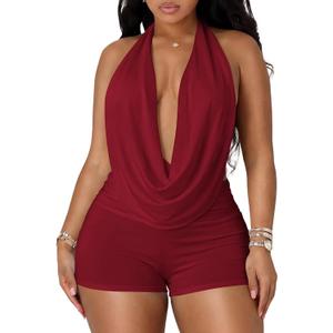 Ophestin Women 2 Piece Sets Sexy Sleeveless Halter Neck Backless Crop Tops Bodycon Shorts Set Club Party Going Out Outfits (Medium, Winered)