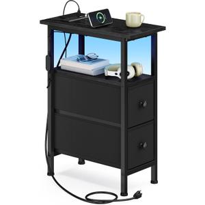 SONGMICS Side Table with LED Light, Narrow End Table with 2 Drawers, Nightstand with Charging Station, Bedside Tables for Small Space, Living Room, Bedroom, Ink Black, BELLAH Collection ULGS002B101, 1 Pack
