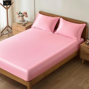 VACVELT 2-Piece Satin Fitted Sheet Set Twin XL Size, Pink Bottom Bed Sheet with 1 Pillowcase, Similar to Silk Sheets, Luxury & Silky Bedding Set, 15 Inch Deep Pocket