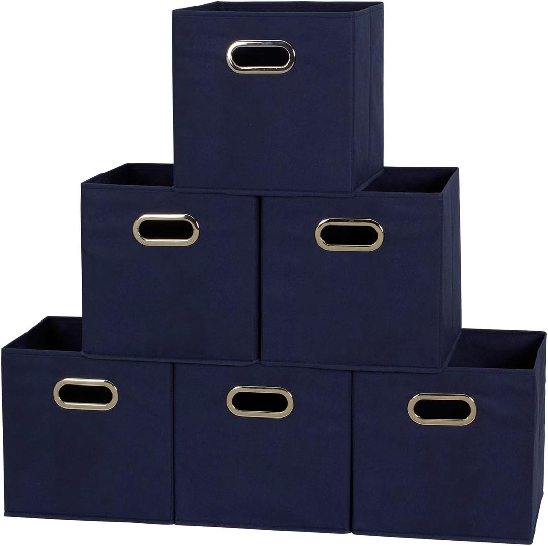 Household Essentials Fabric Storage Bins 6 Piece Set, Strong Poly-Woven Fabric, Sturdy Chipboard Sides, Grommet Front Handle, Stackable and Foldable, Classic Design, Navy