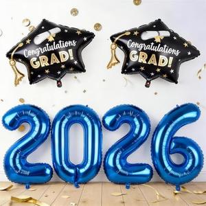 2026 Graduation Cap Balloons, Black Grad Hat Foil Balloon Congrats Grad Decorations Balloon 40 Inch Blue Mylar 2026 Balloons for High School College Class of 2026 Congratulations Party Decoration